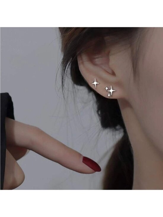 2pcs Sterling Silver Star Earrings Stud, Zircon Star  Silver 2pc Star Stud Earrings